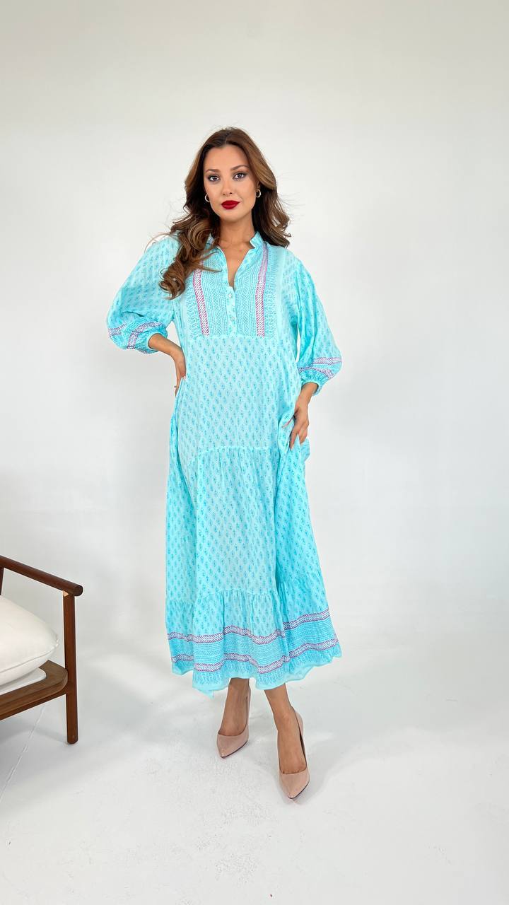 light blue casual summer cotton dress, featuring a relaxed fit and breathable fabric, perfect for warm weather outings and leisurely strolls