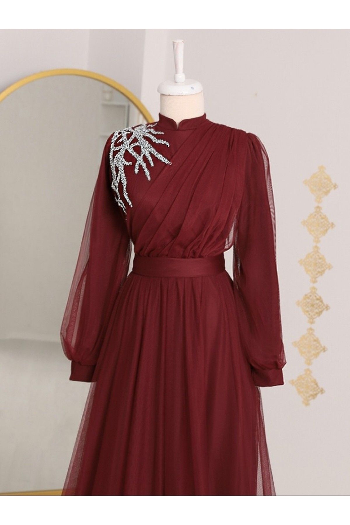 Burgundy chiffon Modest evening black Dress - Hijabi Mood