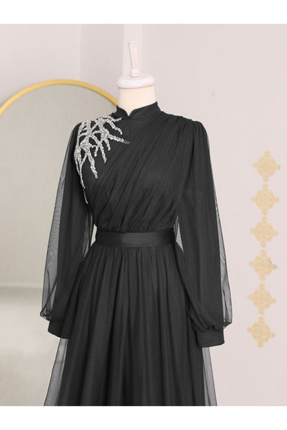 Black chiffon Modest evening black Dress - Hijabi Mood