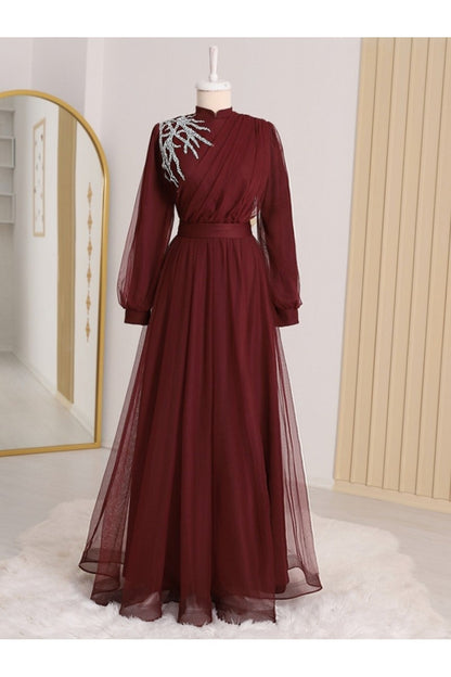 Burgundy chiffon Modest evening black Dress - Hijabi Mood