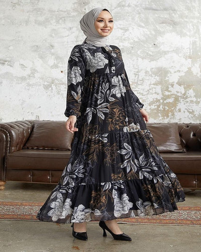 long sleeve's' black chiffon long dress, a graceful ensemble designed to captivate with its ethereal beauty and feminine allure. Crafted from delicate chiffon fabric, this dress embodies elegance and sophistication, making it a perfect choice for special occasions or formal events.