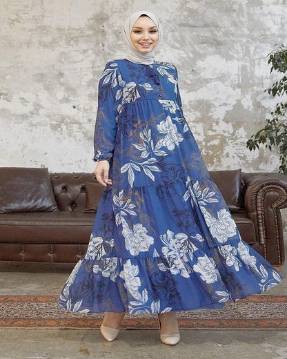 blue chiffon long dress, a graceful ensemble designed to captivate with its ethereal beauty and feminine allure. Crafted from delicate chiffon fabric, this dress embodies elegance and sophistication, making it a perfect choice for special occasions or formal events.