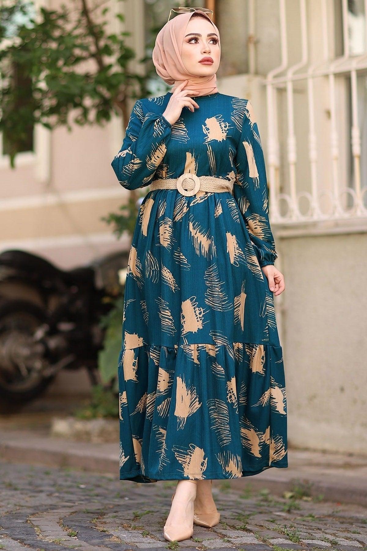 Muslim Brush Pattern Belted Hijab Dress - Hijabi Mood