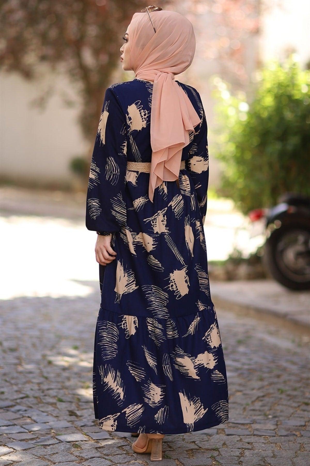 Muslim Brush Pattern Belted Hijab Dress - Hijabi Mood