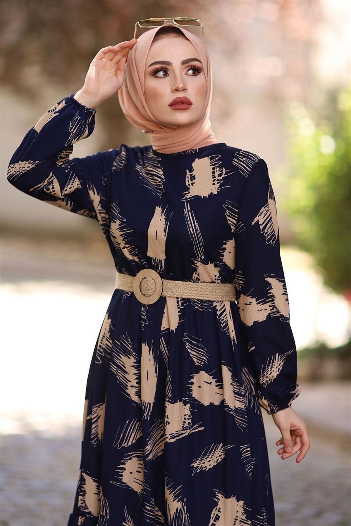 Muslim Brush Pattern Belted Hijab Dress - Hijabi Mood