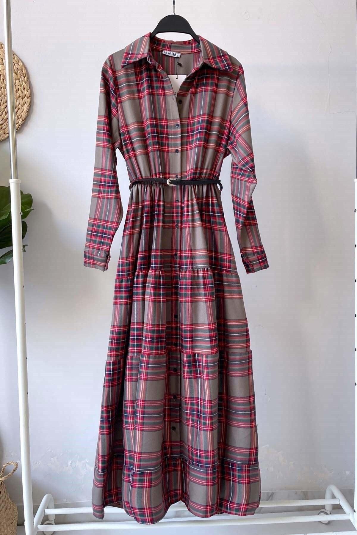 Plaid Patterned Button Front Dress - Hijabi Mood